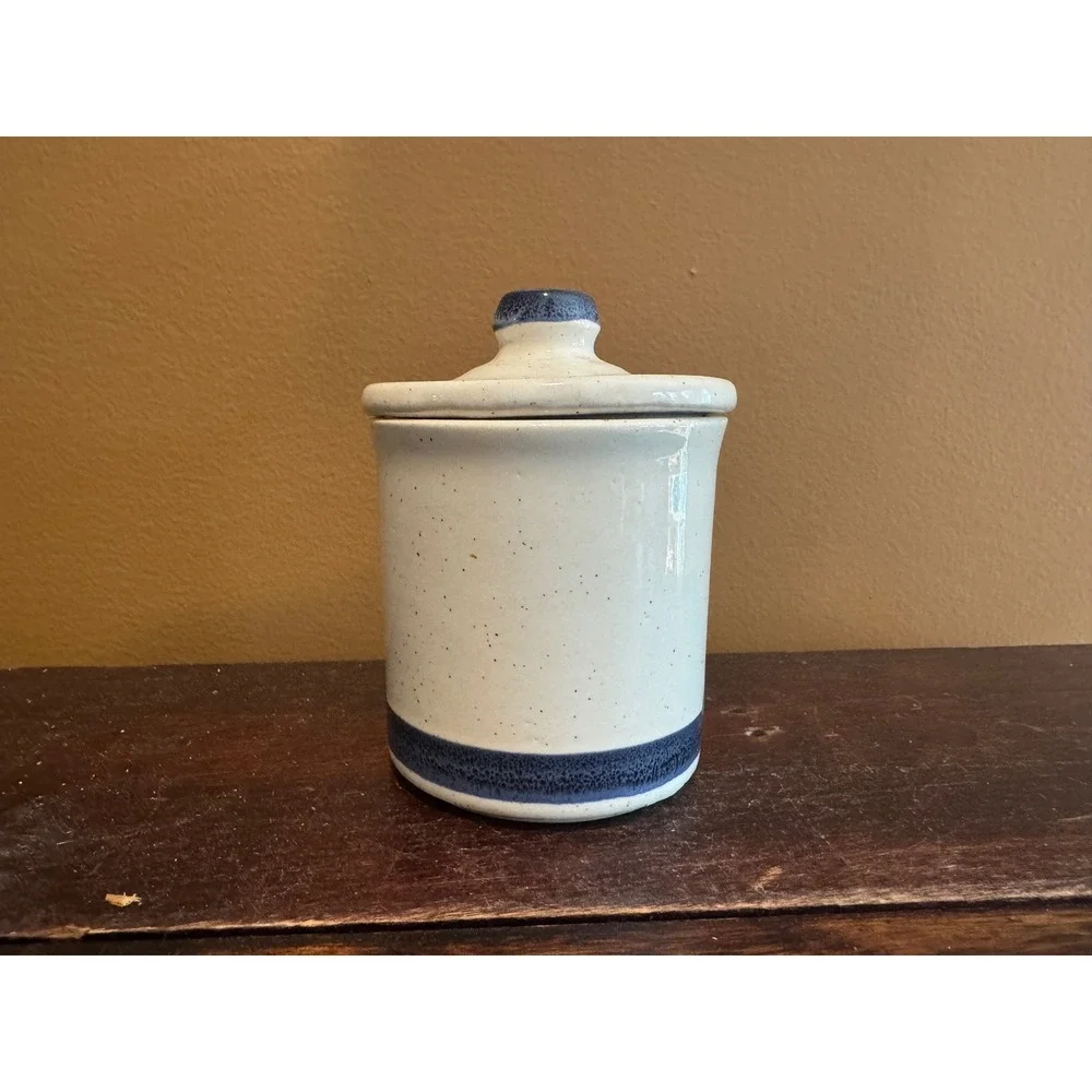 McCoy Speckled‎ Relish Mustard Jar with Lid & Spoon Blue White Farmhouse Decor